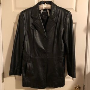 Black Leather three button pant coat with silk lining. Size Large.
